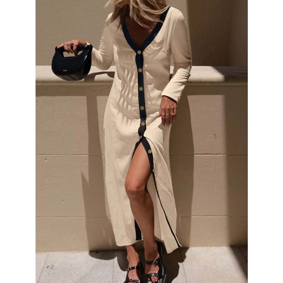 Contrast Trim Button-Down Midi Dress Apparel and Accessories