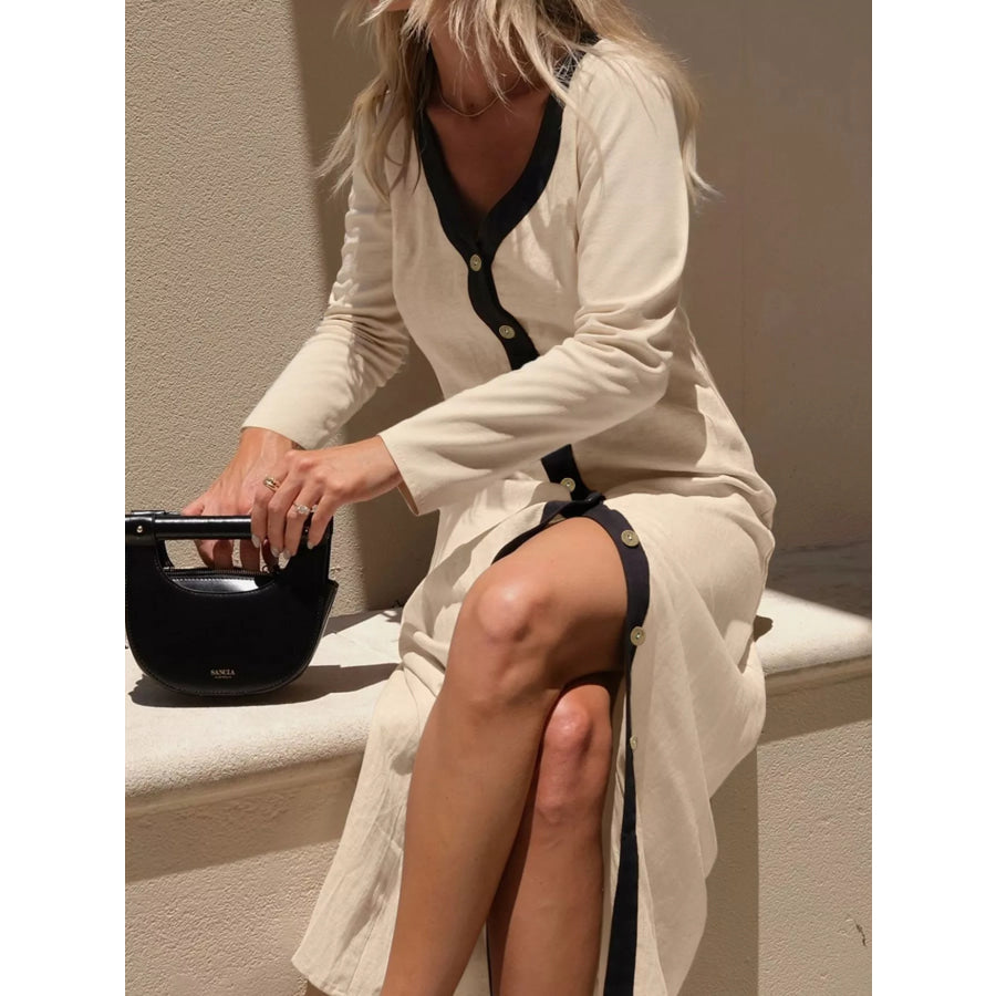 Contrast Trim Button-Down Midi Dress Cream / S Apparel and Accessories