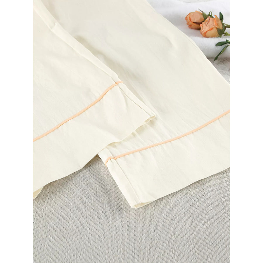 Contrast Trim Button-Down Top and Pants Lounge Set Apparel and Accessories