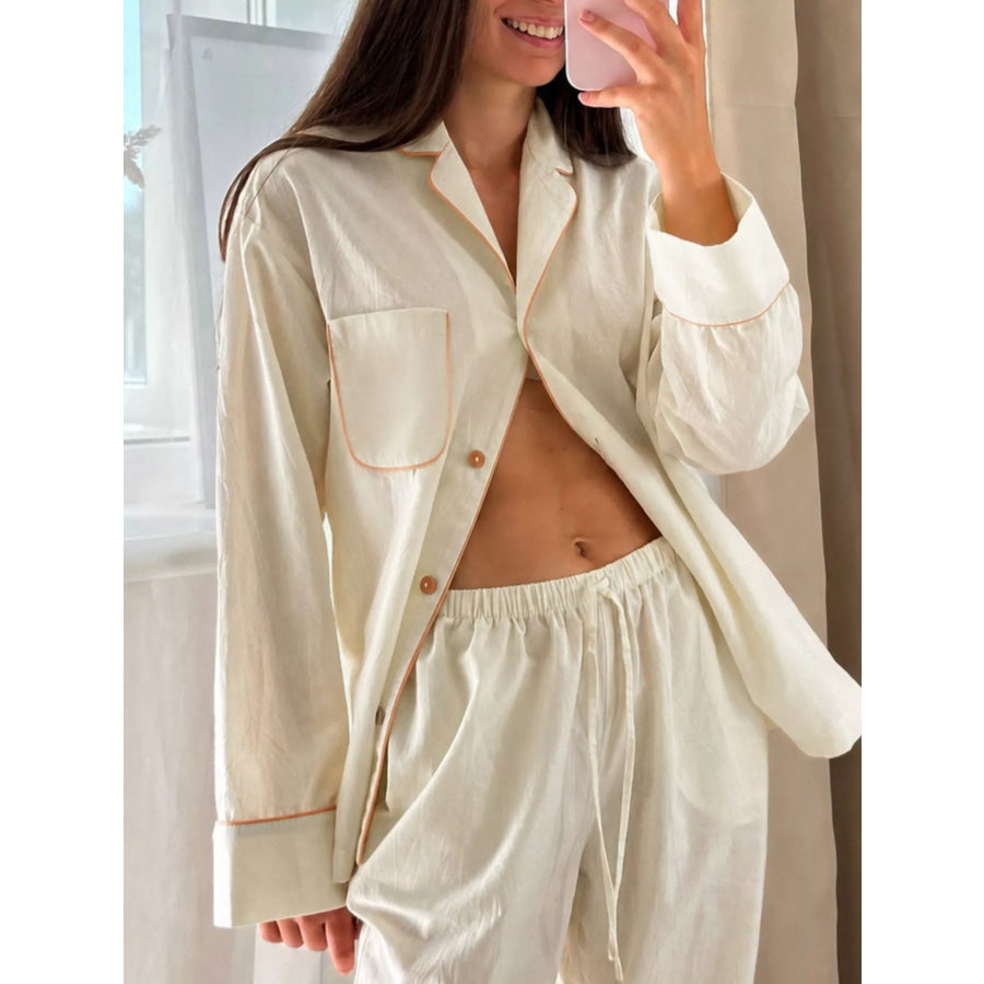 Contrast Trim Button-Down Top and Pants Lounge Set Apparel and Accessories