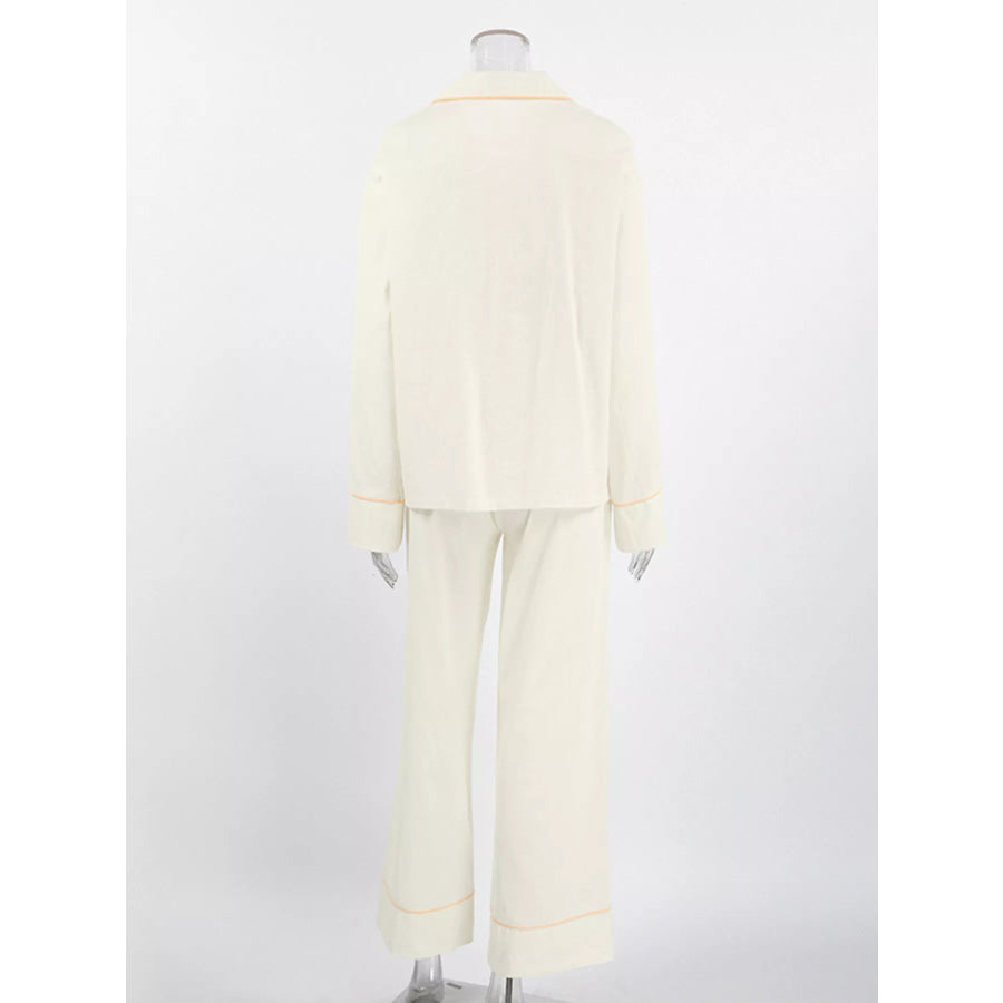 Contrast Trim Button-Down Top and Pants Lounge Set Apparel and Accessories