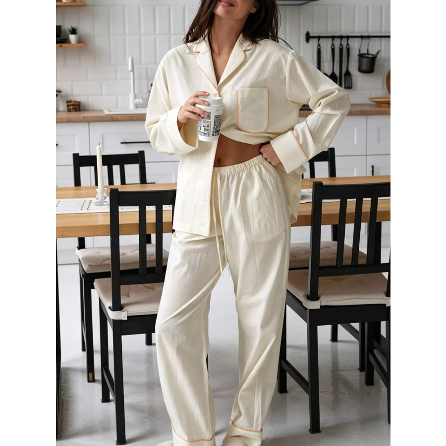 Contrast Trim Button-Down Top and Pants Lounge Set Apparel and Accessories