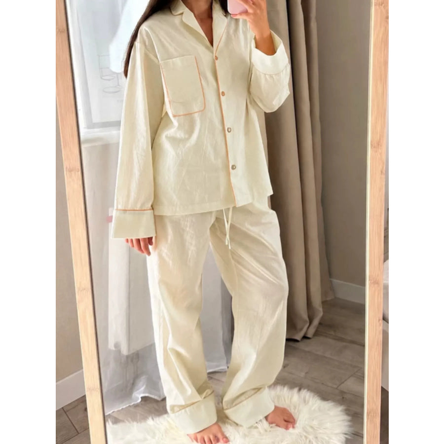 Contrast Trim Button-Down Top and Pants Lounge Set Apparel and Accessories