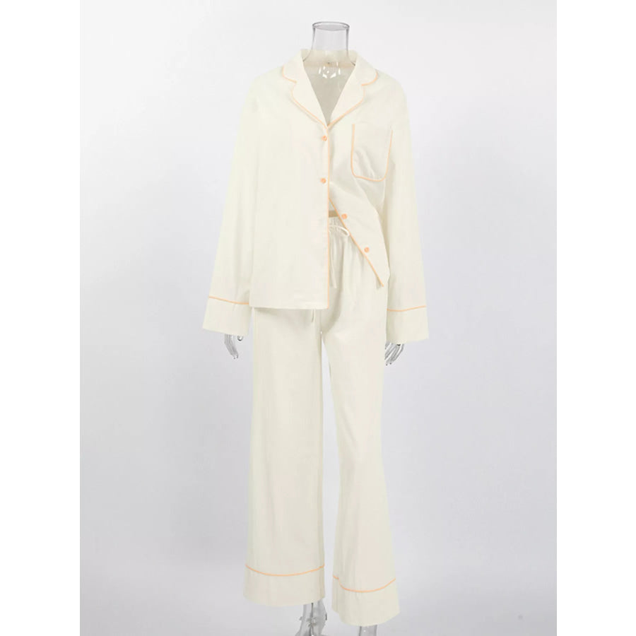 Contrast Trim Button-Down Top and Pants Lounge Set Apparel and Accessories