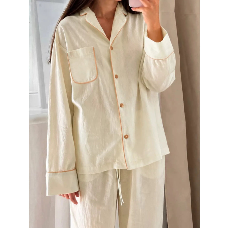 Contrast Trim Button-Down Top and Pants Lounge Set Apparel and Accessories