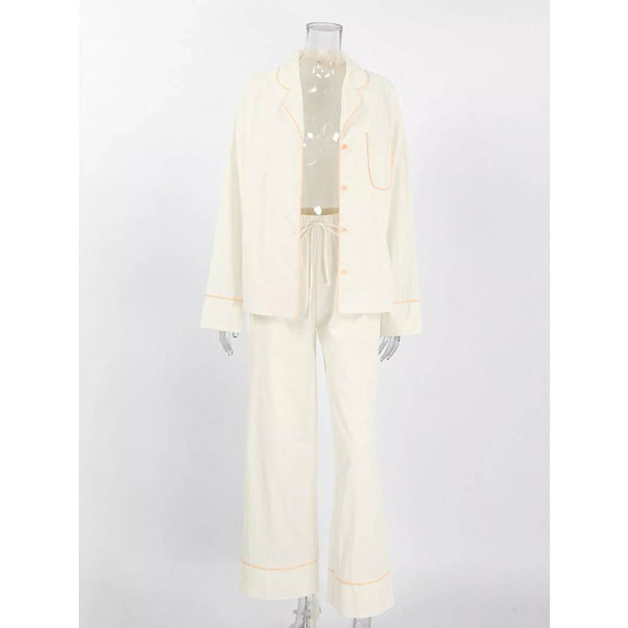 Contrast Trim Button-Down Top and Pants Lounge Set Apparel and Accessories