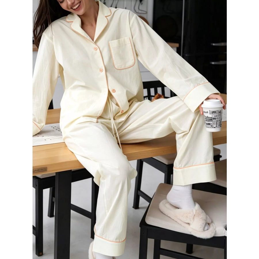 Contrast Trim Button-Down Top and Pants Lounge Set Cream / S Apparel and Accessories