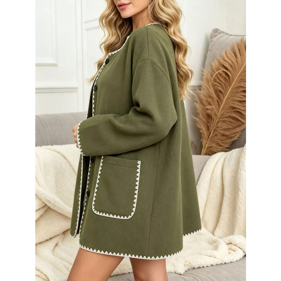 Contrast Trim Button-Front Outerwear Apparel and Accessories