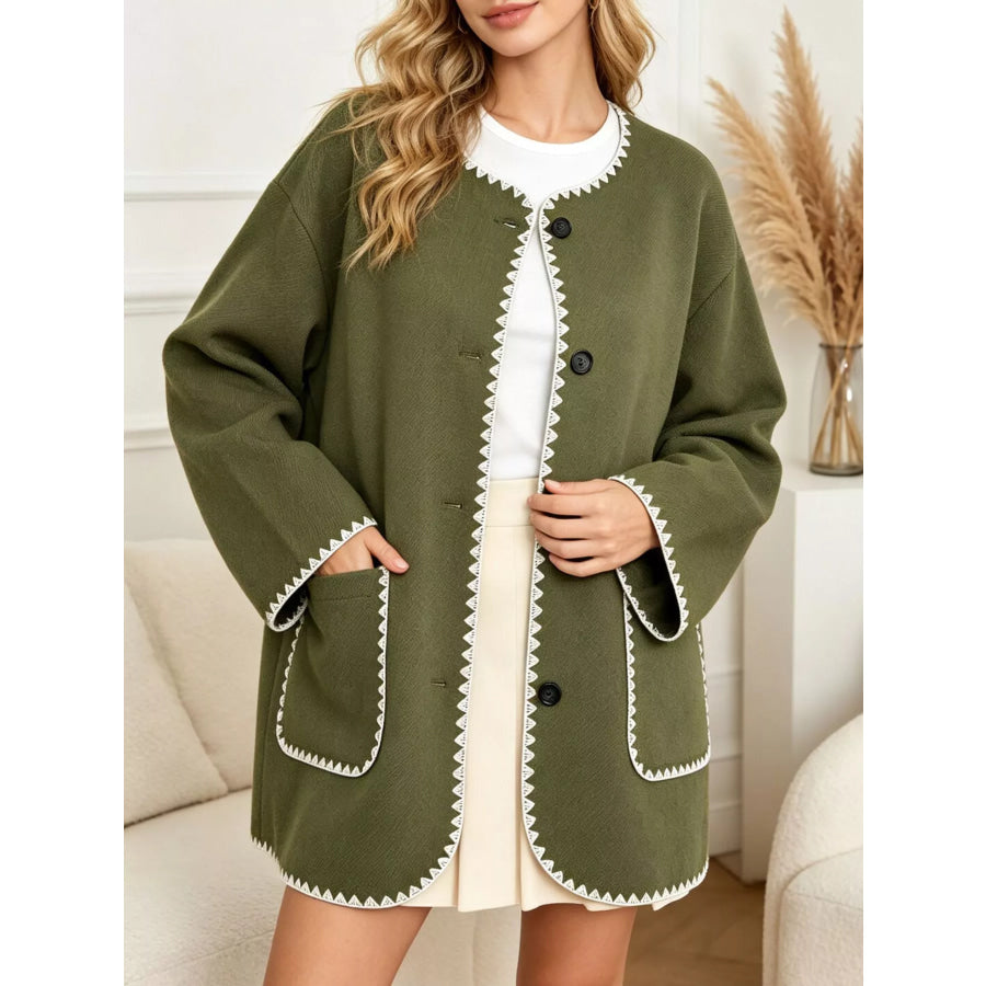 Contrast Trim Button-Front Outerwear Army Green / S Apparel and Accessories