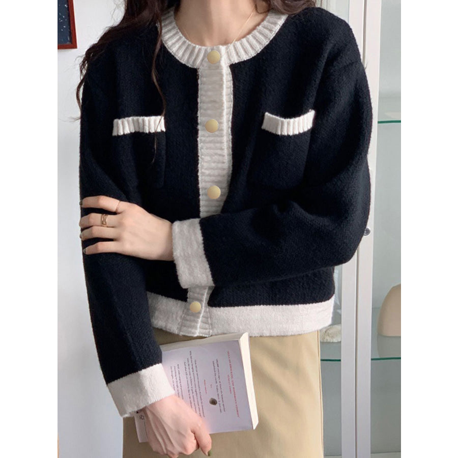 Contrast Trim Button Up Cardigan Apparel and Accessories