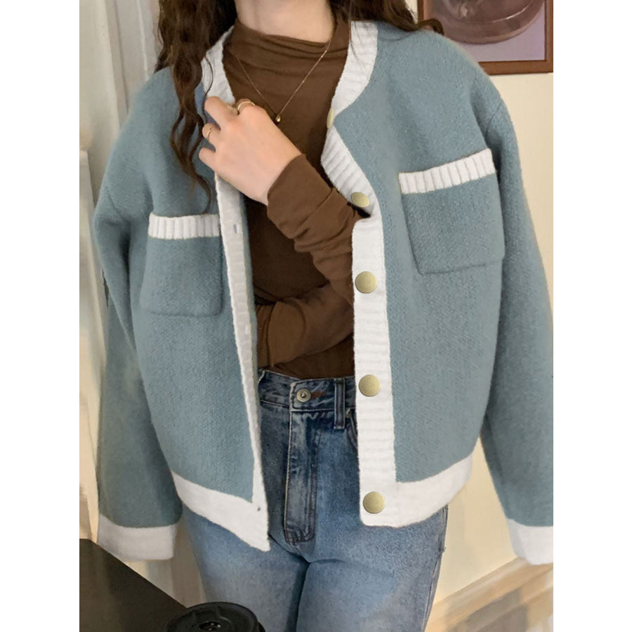 Contrast Trim Button Up Cardigan Apparel and Accessories