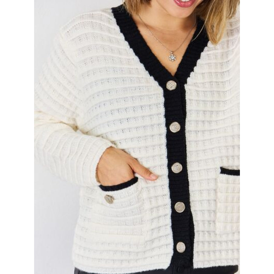 Contrast Trim Button Up Cardigan Apparel and Accessories