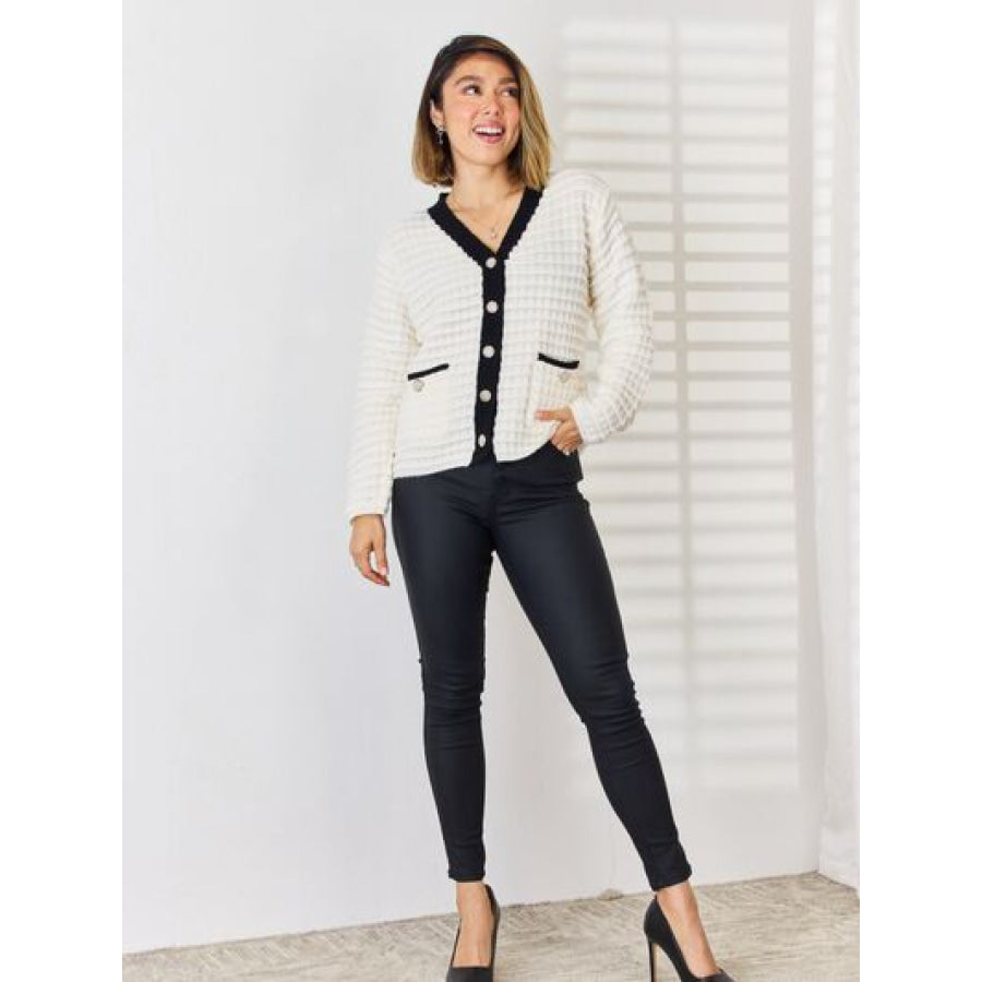 Contrast Trim Button Up Cardigan Apparel and Accessories