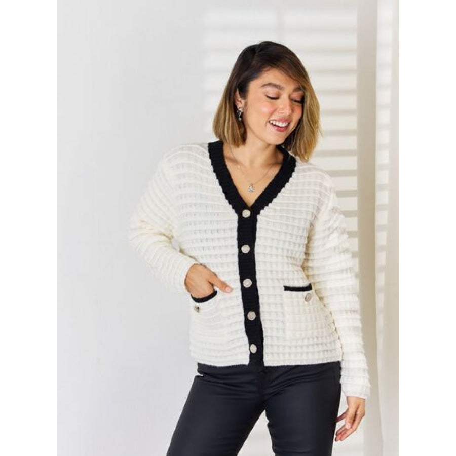 Contrast Trim Button Up Cardigan Apparel and Accessories