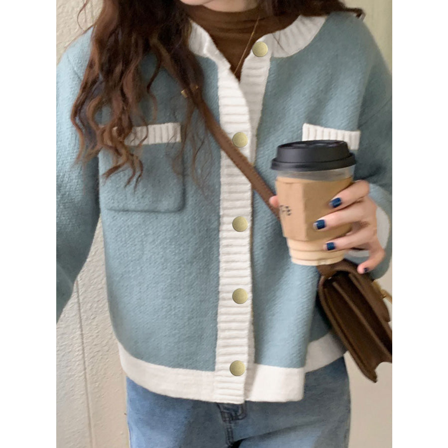 Contrast Trim Button Up Cardigan Apparel and Accessories