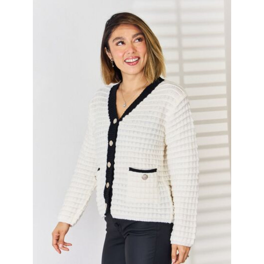 Contrast Trim Button Up Cardigan Apparel and Accessories