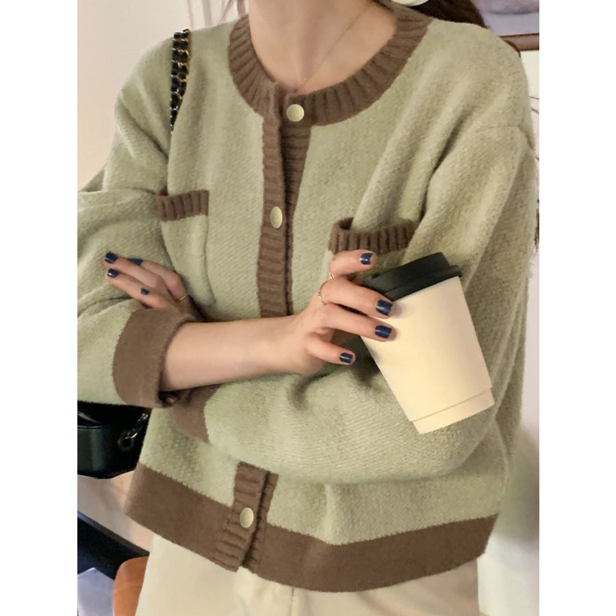 Contrast Trim Button Up Cardigan Apparel and Accessories