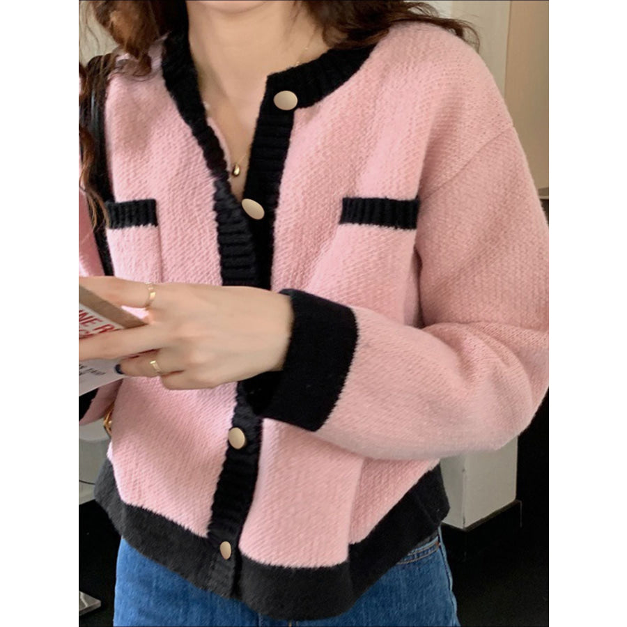 Contrast Trim Button Up Cardigan Apparel and Accessories