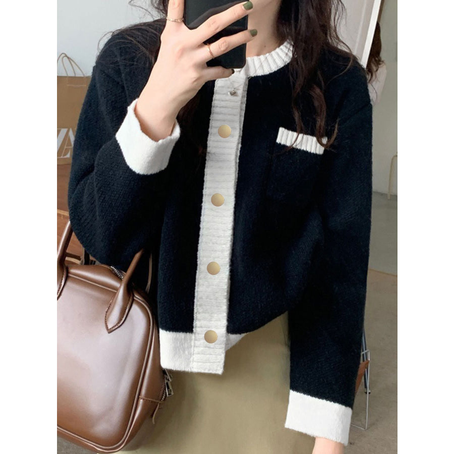 Contrast Trim Button Up Cardigan Apparel and Accessories