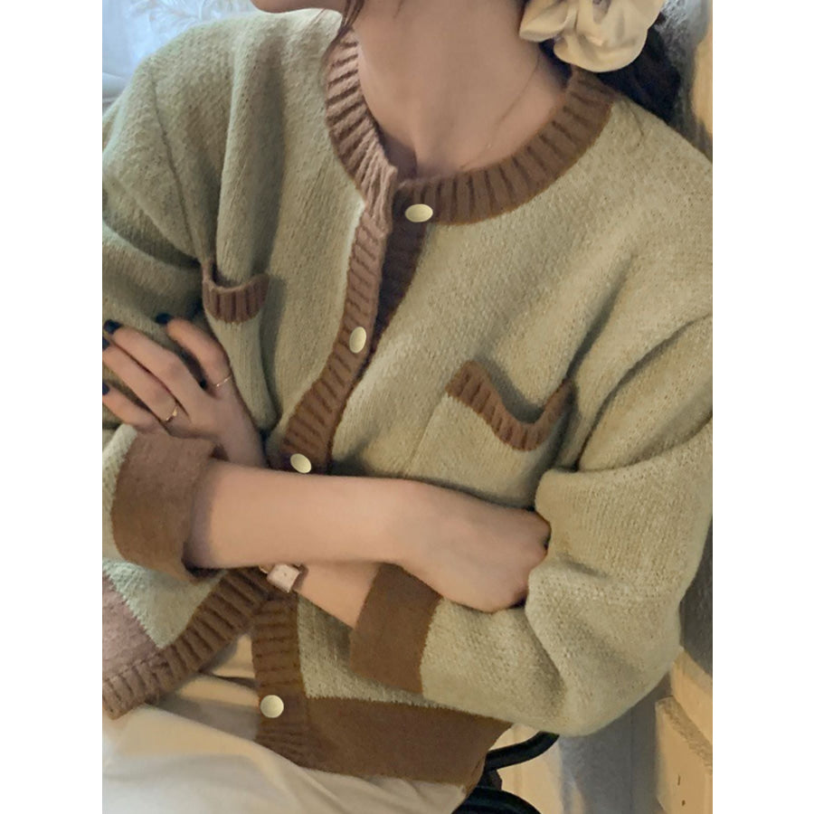 Contrast Trim Button Up Cardigan Apparel and Accessories