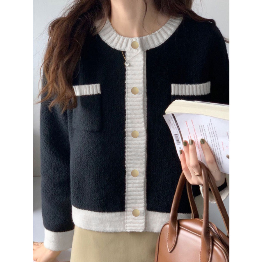 Contrast Trim Button Up Cardigan Apparel and Accessories