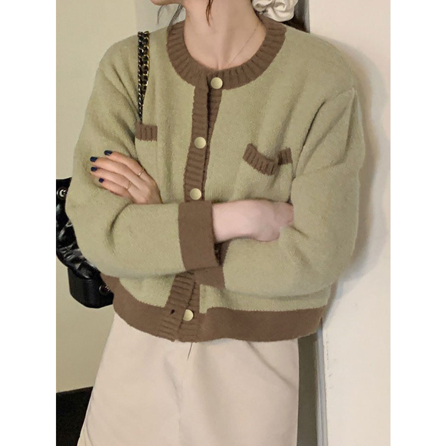 Contrast Trim Button Up Cardigan Apparel and Accessories