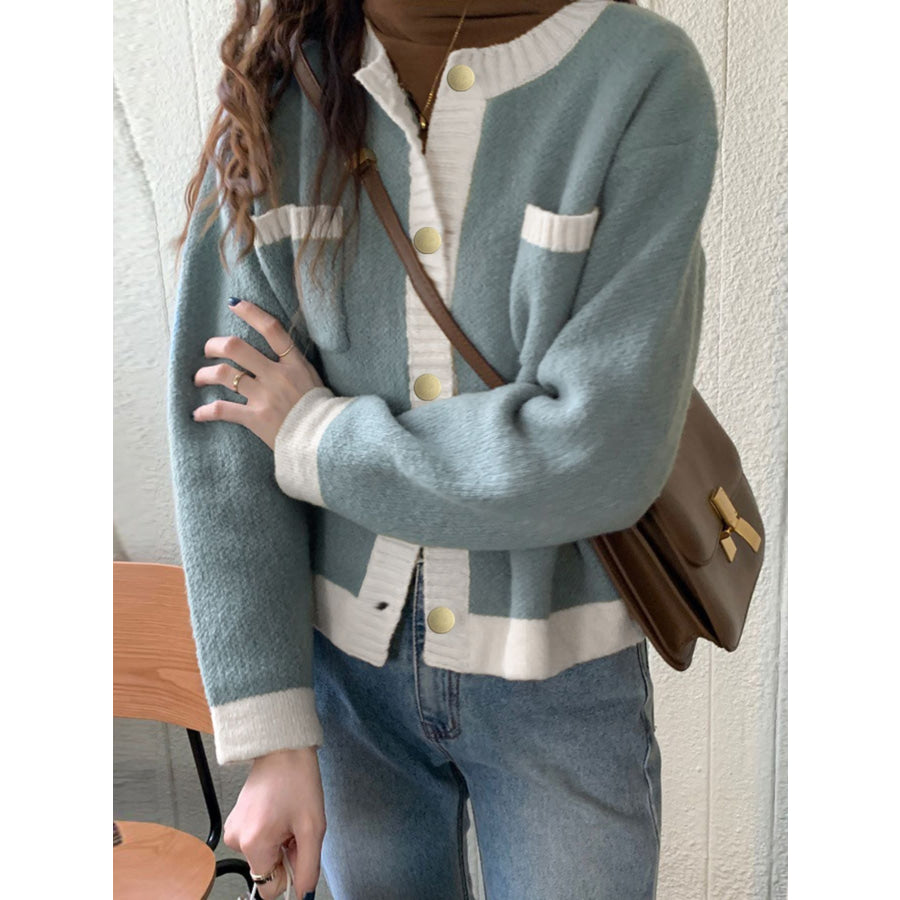 Contrast Trim Button Up Cardigan Apparel and Accessories