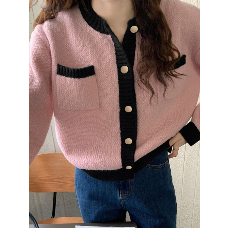 Contrast Trim Button Up Cardigan Apparel and Accessories