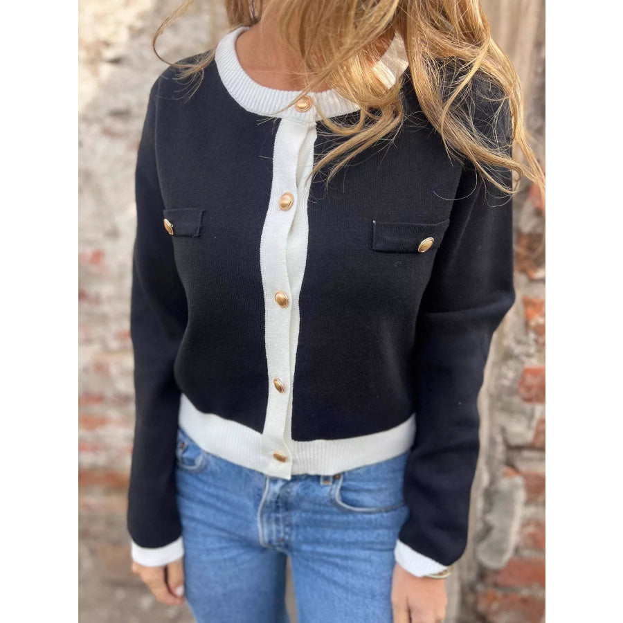 Contrast Trim Button Up Cardigan Apparel and Accessories