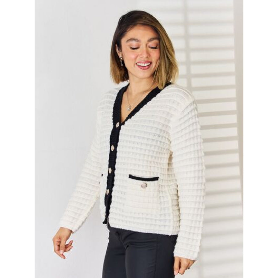 Contrast Trim Button Up Cardigan Apparel and Accessories