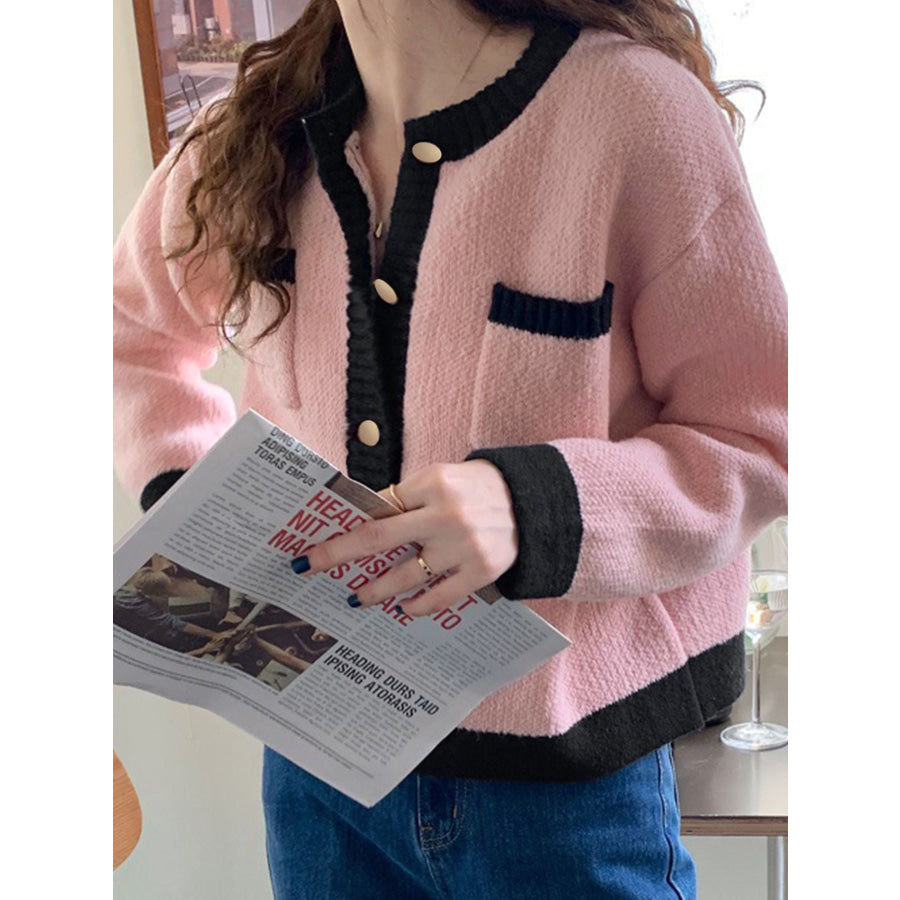 Contrast Trim Button Up Cardigan Apparel and Accessories