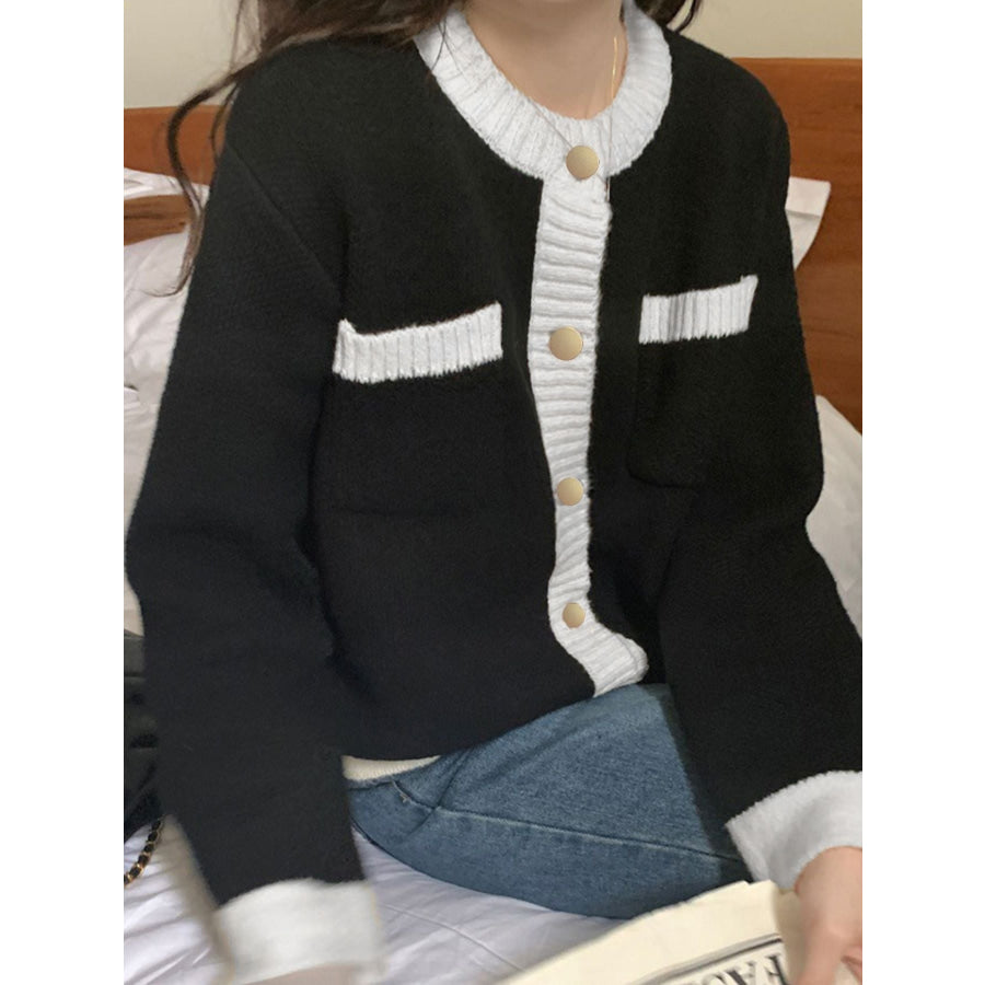 Contrast Trim Button Up Cardigan Black / One Size Apparel and Accessories