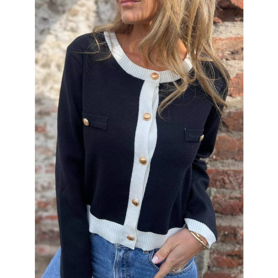 Contrast Trim Button Up Cardigan Black / S Apparel and Accessories