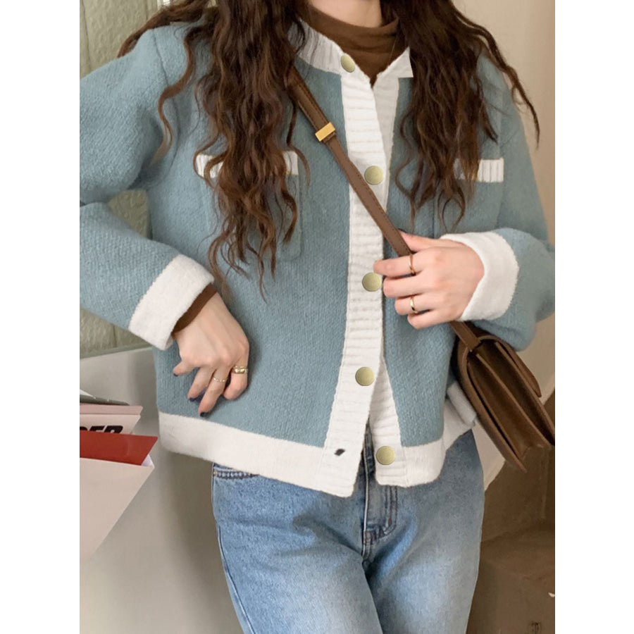 Contrast Trim Button Up Cardigan Blue / One Size Apparel and Accessories
