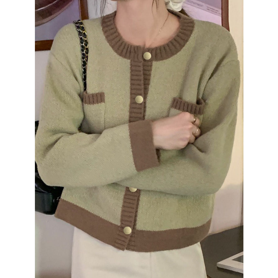 Contrast Trim Button Up Cardigan Green / One Size Apparel and Accessories