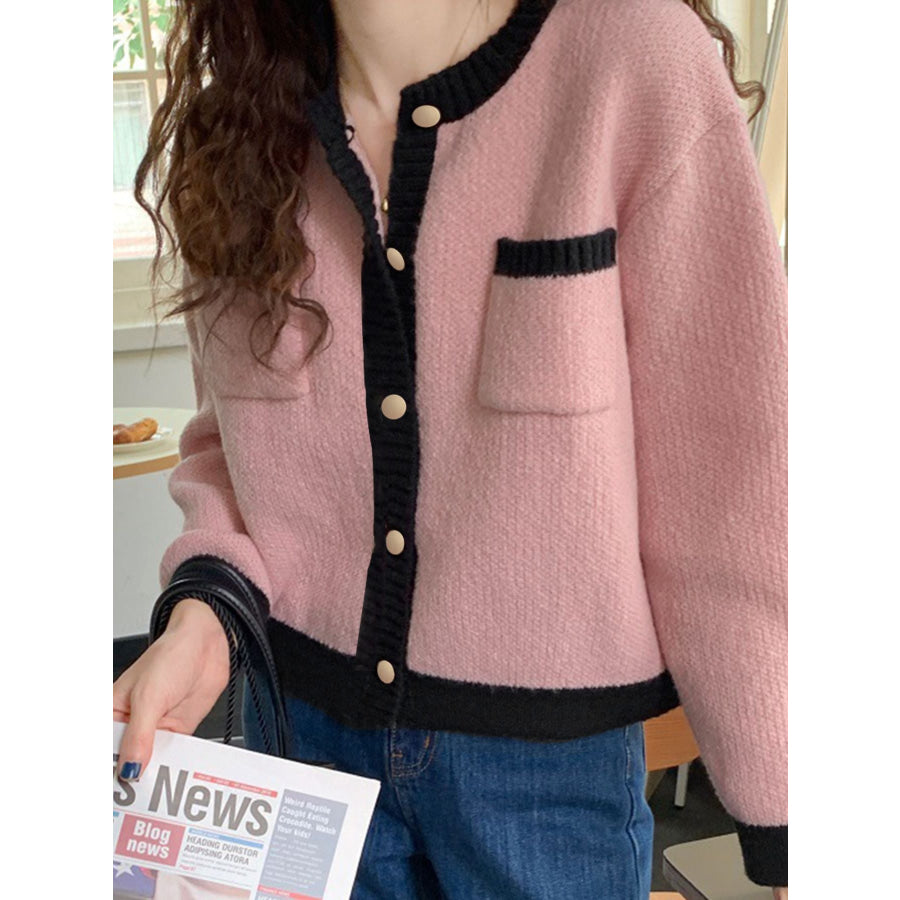 Contrast Trim Button Up Cardigan Pink / One Size Apparel and Accessories