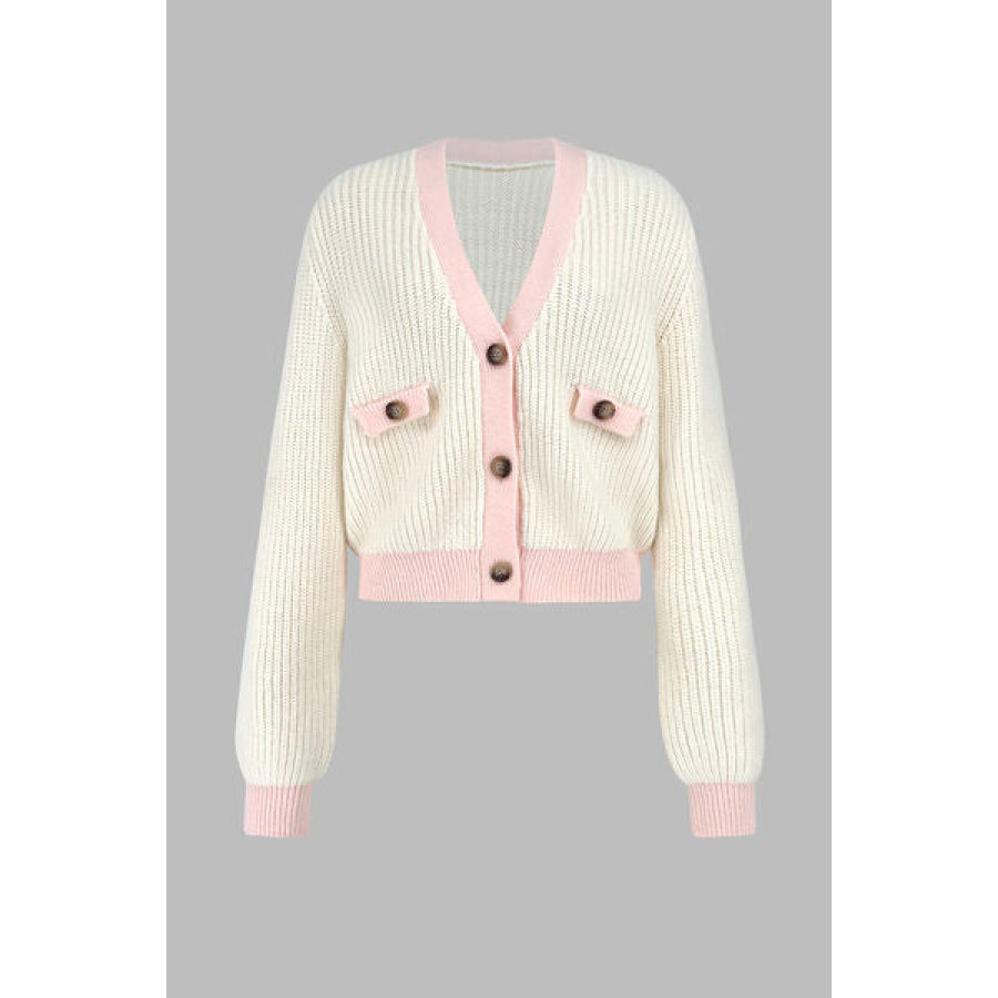 Contrast Trim Button Up Dropped Shoulder Cardigan Cream / S Apparel and Accessories
