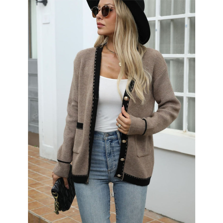 Contrast Trim Button Up Long Sleeve Cardigan Apparel and Accessories