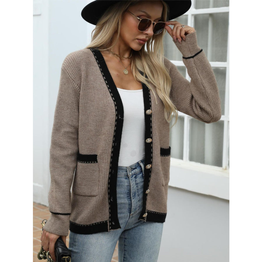 Contrast Trim Button Up Long Sleeve Cardigan Apparel and Accessories