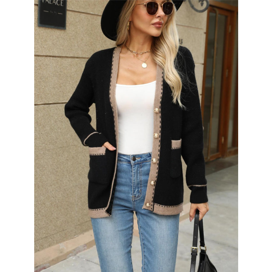 Contrast Trim Button Up Long Sleeve Cardigan Apparel and Accessories