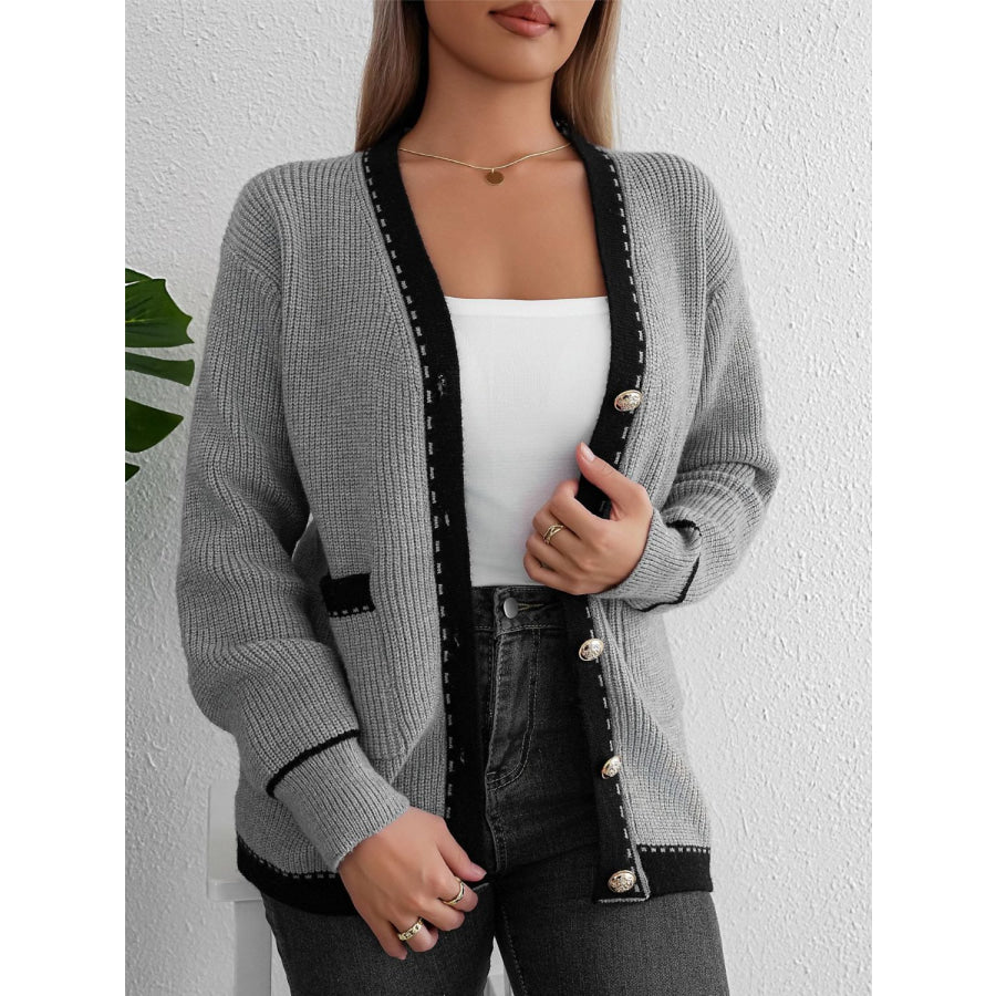 Contrast Trim Button Up Long Sleeve Cardigan Apparel and Accessories