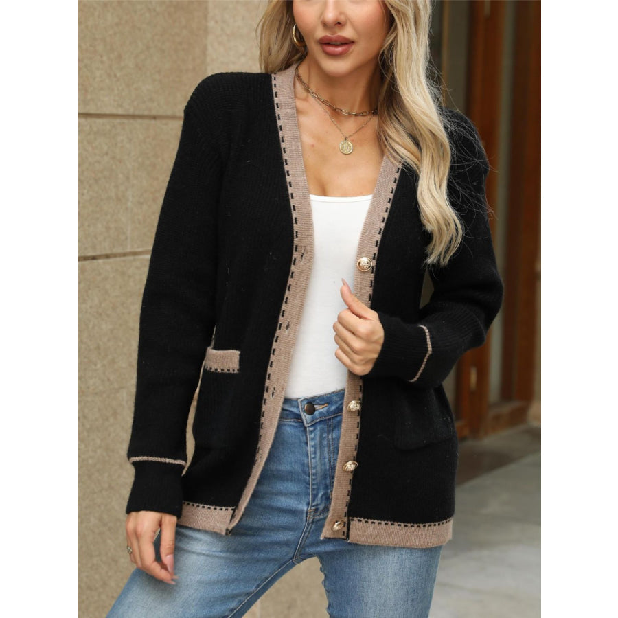 Contrast Trim Button Up Long Sleeve Cardigan Apparel and Accessories