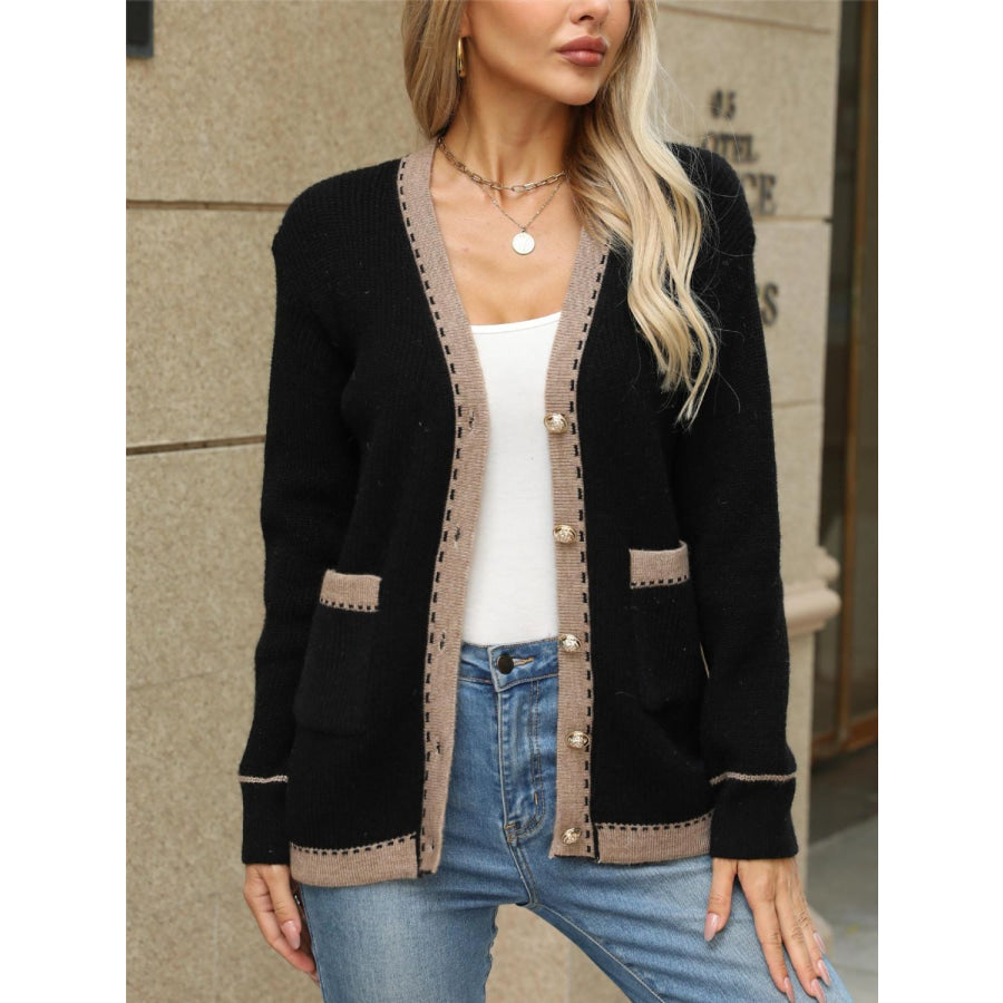 Contrast Trim Button Up Long Sleeve Cardigan Apparel and Accessories