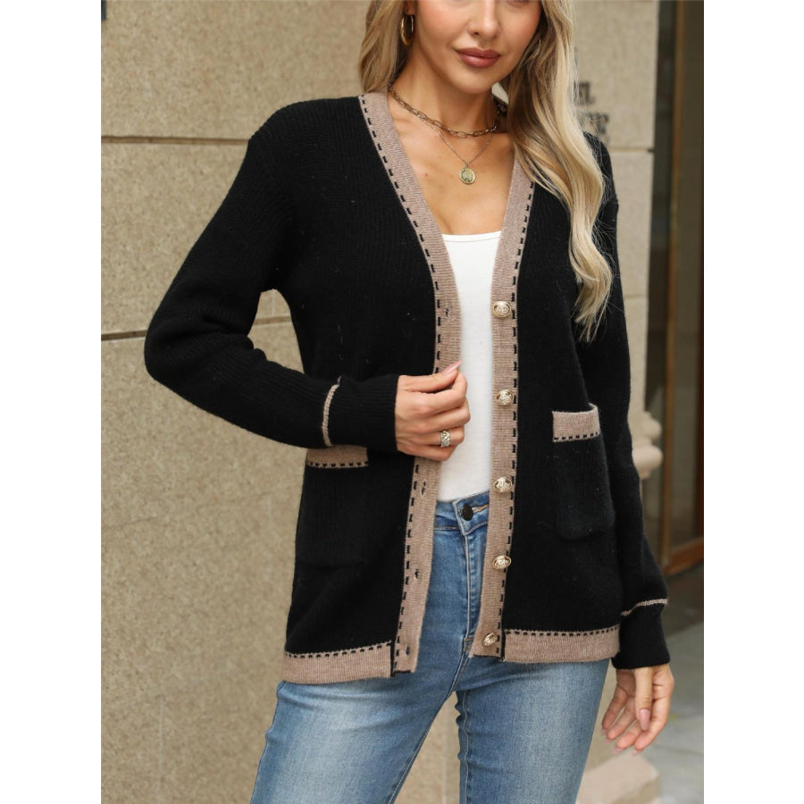 Contrast Trim Button Up Long Sleeve Cardigan Apparel and Accessories