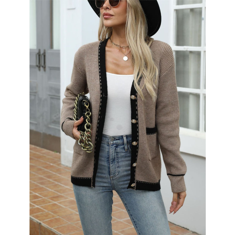 Contrast Trim Button Up Long Sleeve Cardigan Apparel and Accessories