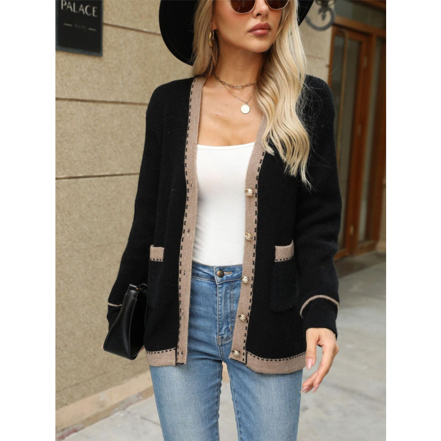 Contrast Trim Button Up Long Sleeve Cardigan Apparel and Accessories