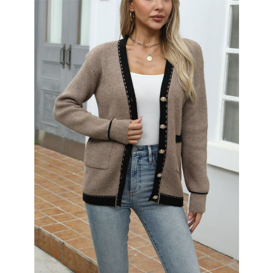 Contrast Trim Button Up Long Sleeve Cardigan Apparel and Accessories