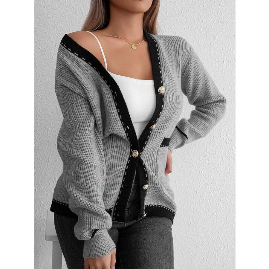 Contrast Trim Button Up Long Sleeve Cardigan Gray / One Size Apparel and Accessories