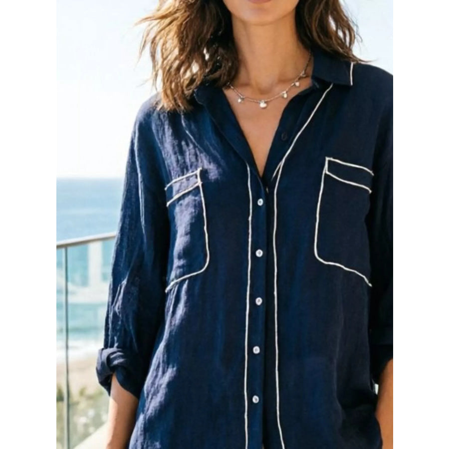 Contrast Trim Button Up Long Sleeve Shirt Apparel and Accessories