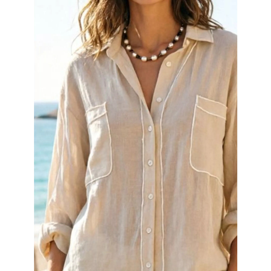 Contrast Trim Button Up Long Sleeve Shirt Apparel and Accessories
